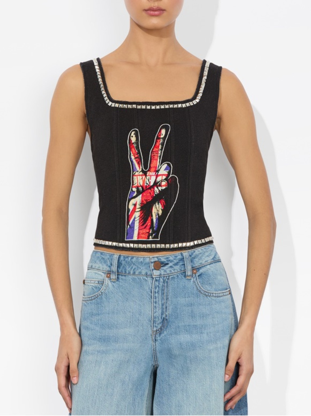 Alice + Olivia Breslin Corset Top Black Peace Hand The Who Band FLAW Sz 8